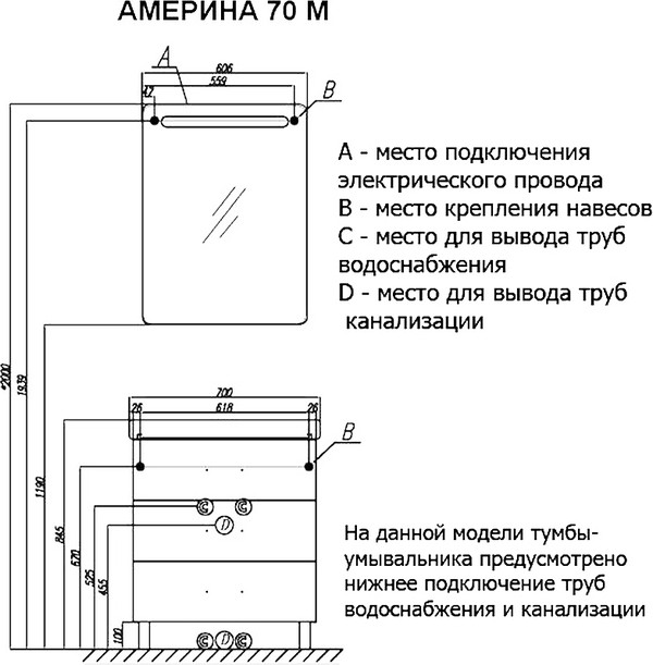 Тумба с раковиной Акватон Америна М 70 белая