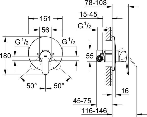 Смеситель Grohe BauEdge 29078000 С ВНУТРЕННЕЙ ЧАСТЬЮ, для душа