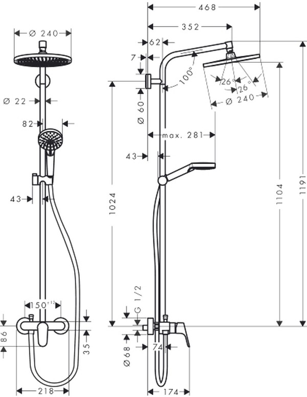 Душевая стойка Hansgrohe Crometta S 240 1jet Showerpipe EcoSmart 27269000 9 л