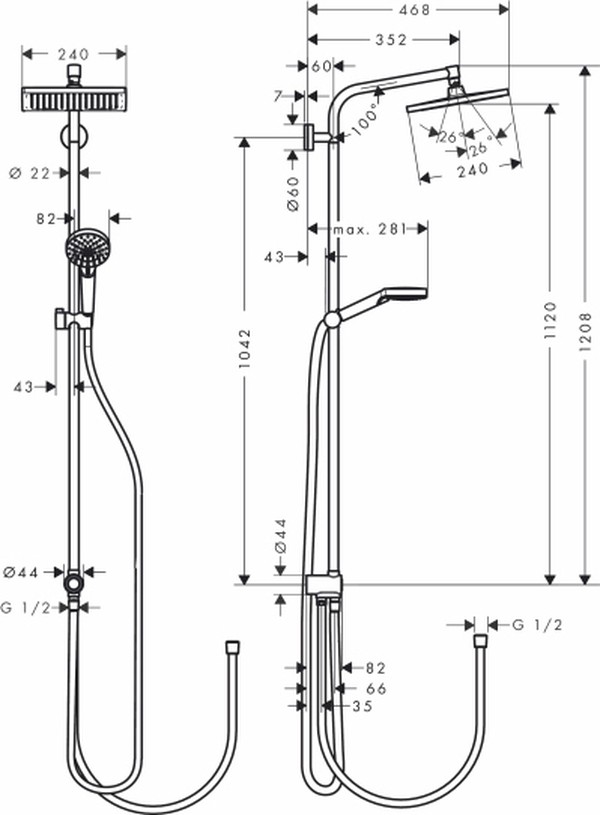 Душевая стойка Hansgrohe Crometta E 240 1jet Showerpipe Reno EcoSm 27289000 9 л