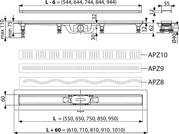 Душевой лоток AlcaPlast APZ9-Simple 650 с решеткой и опорами