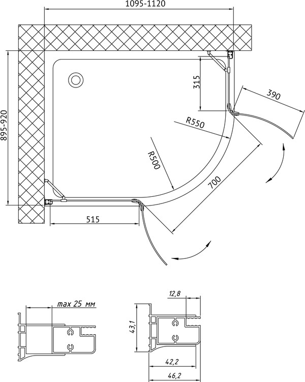 Душевой уголок Vegas Glass AFS-F 110*90 05 01 L профиль бронза, стекло прозрачное