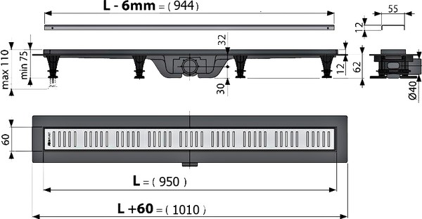 Душевой лоток AlcaPlast APZ10-Simple 950M с решеткой и опорами