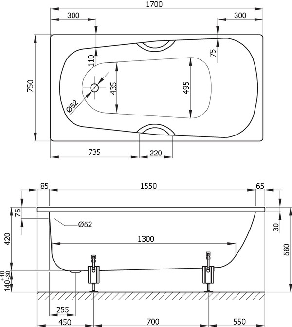 Стальная ванна Bette Form Safe 3710 PLUS, 2GR