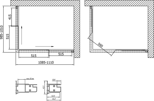 Душевой уголок Vegas Glass ZA-F 110*100 01 02 профиль белый, стекло шиншилла