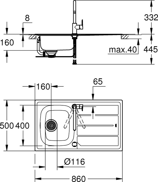 Комплект Grohe Bau 31562SD0 Мойка кухонная K200 31552SD0 + Смеситель BauEdge 31367000 для кухонной мойки