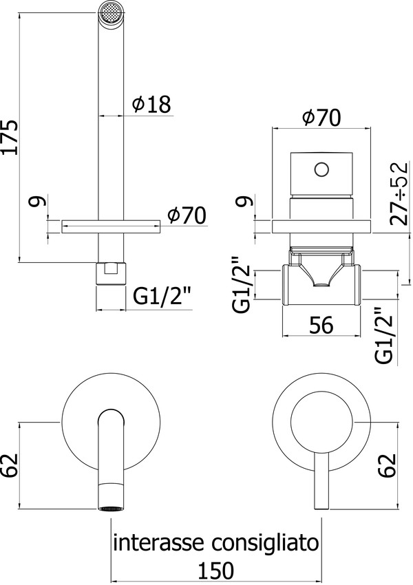 Смеситель Paffoni Light LIG006NO70 С ВНУТРЕННЕЙ ЧАСТЬЮ, для раковины черный матовый