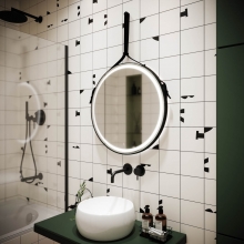 Зеркало для ванной комнаты SANCOS Dames D650 с подсветкой, ремень из натуральной черной кожи, арт. DA650